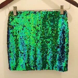 Dress The Population Sequin Mini Skirt Small peacock green blue purple black